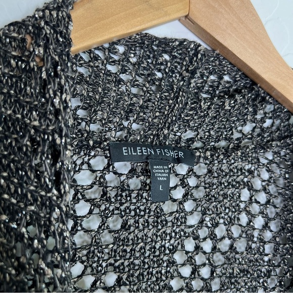 Eileen Fisher Metallic Crochet Knit Open Front Cardigan Cotton Linen - Picture 4 of 8